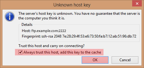 FileZilla - добавление ключа хоста