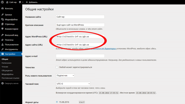 смена домена в настройках wordpress
